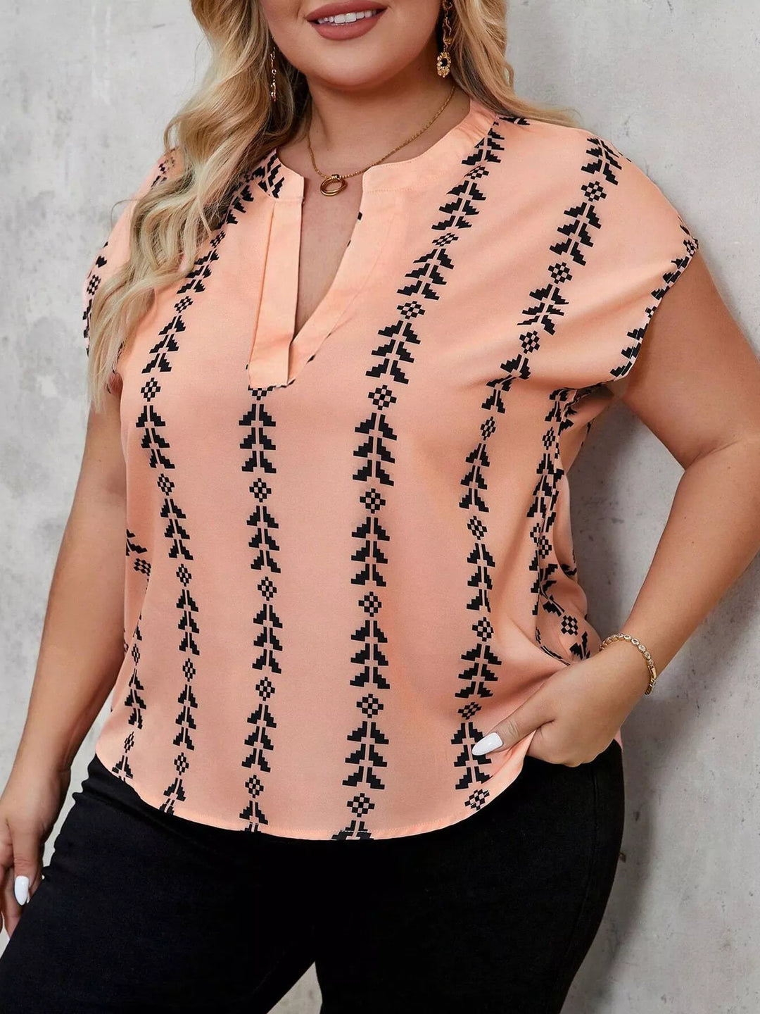 Plus Size Notched Short Sleeve Blouse