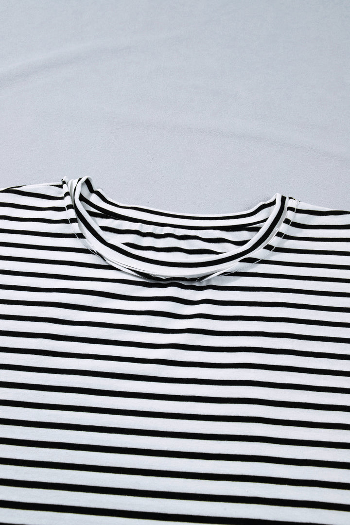 Black Stripe Plus Size Striped Short Sleeve Top with Floral Puff Sleeves