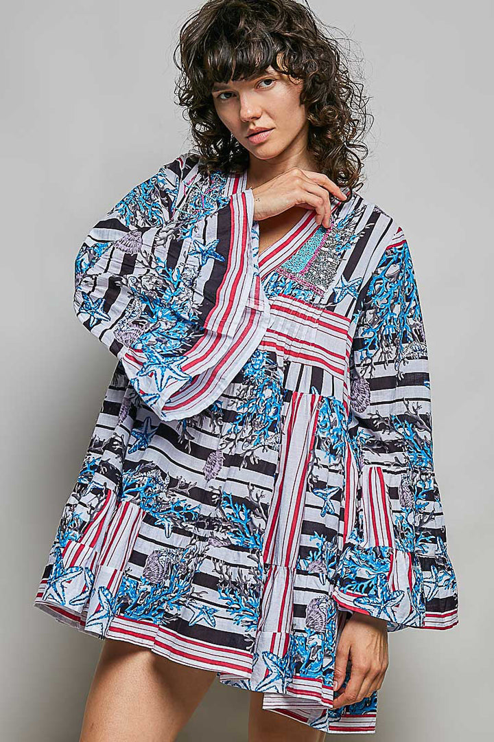 POL Striped Floral Long Sleeve Mini Dress with Pintuck Detail