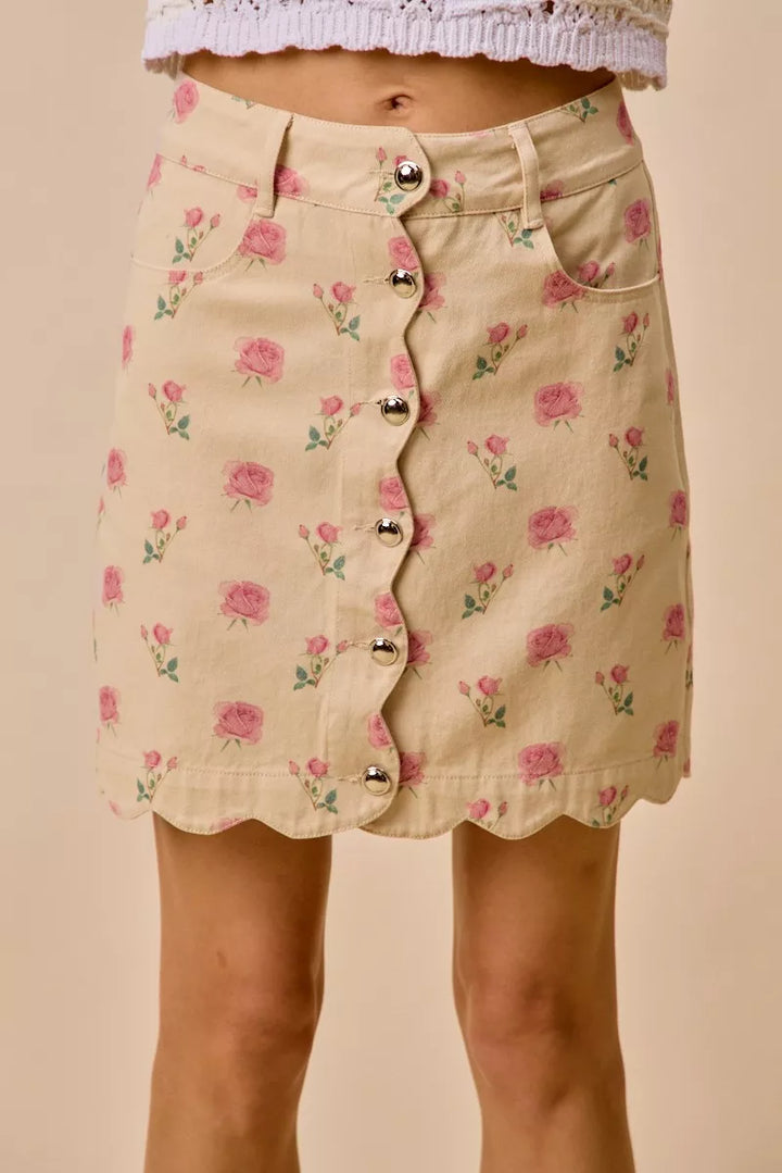 SO ME Floral Rose Print Cotton Twill Scallop Mini Skirt