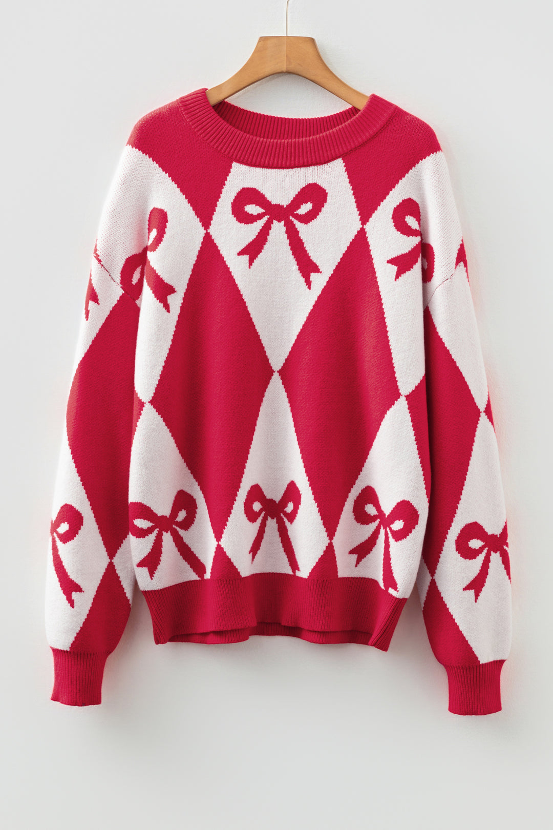Red Bow Print 2-tone Rhombus Knit Loose Sweater