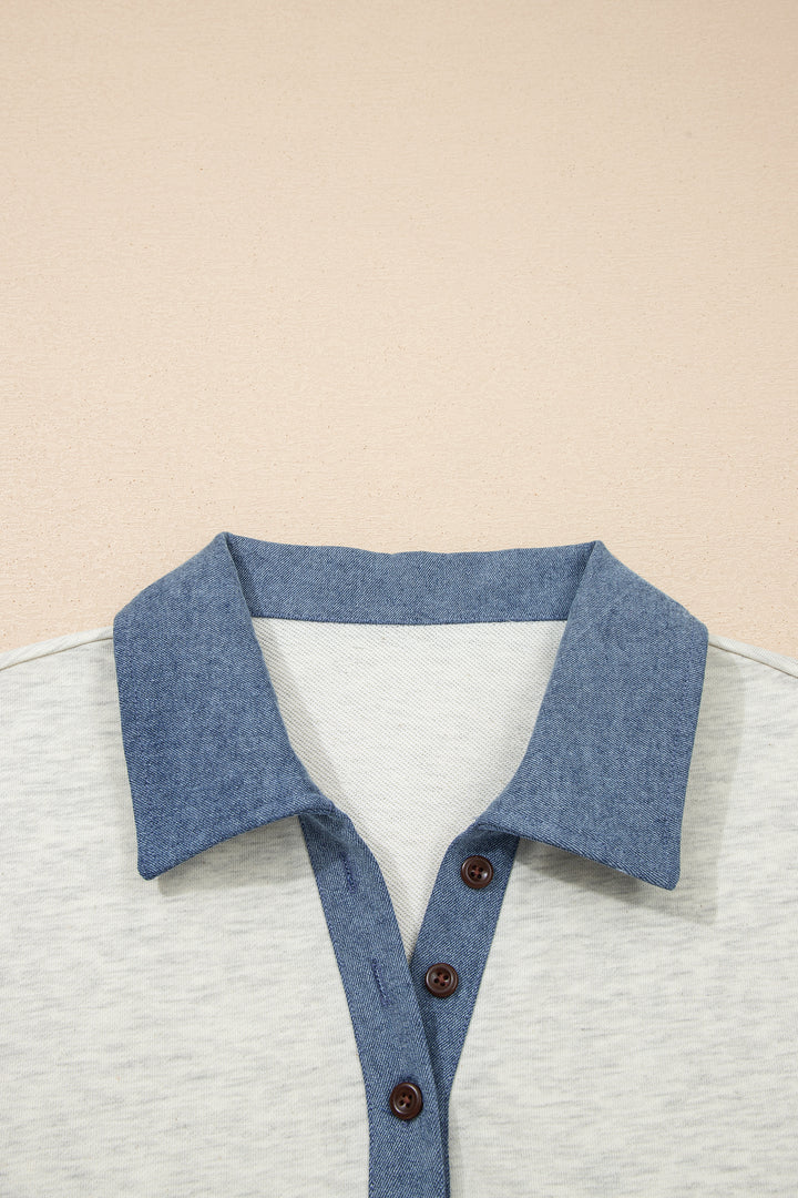 Light Grey Denim Color Block Patchwork Button Polo Collar T Shirt Tunic Dress