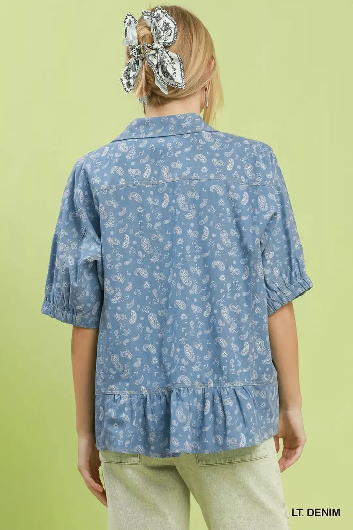 Umgee Paisley Print Chambray Top