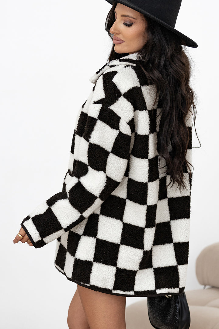 Veste polaire boutonnée à col et poches latérales à carreaux noirs
