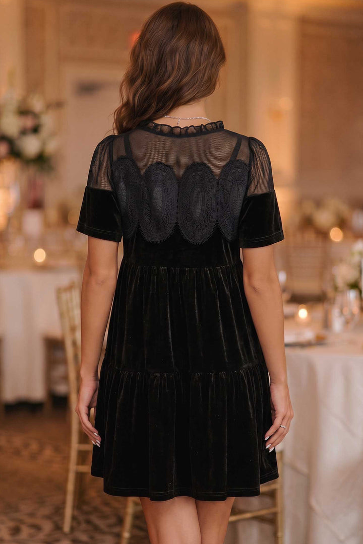 Black Embroidered Velvet Short Sleeve Mini Shift Dress