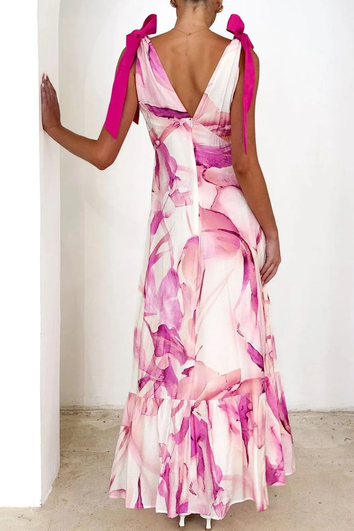 Printed V-Neck Tie Shoulder Midi Cami Dress