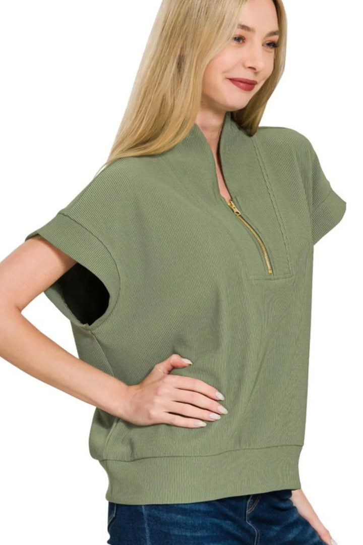 Zenana Ribbed High Neck Half Zip Top