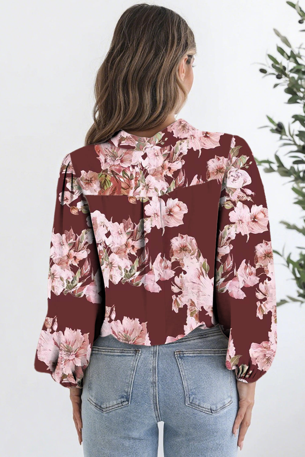 Brown Floral Puff Sleeve Lightweight Shirt