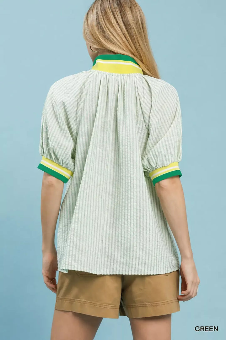Umgee Botanical Print Puff Short Sleeve Blouse with Contrast Collar