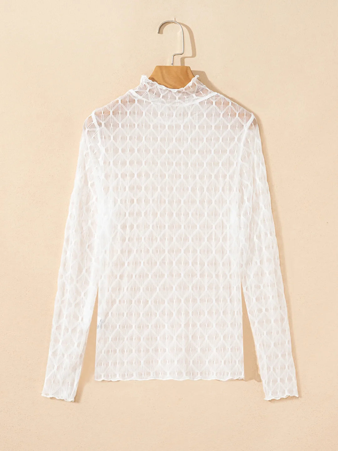 Sheer Mesh Patterned Lettuce Trim Slim Long Sleeve Top
