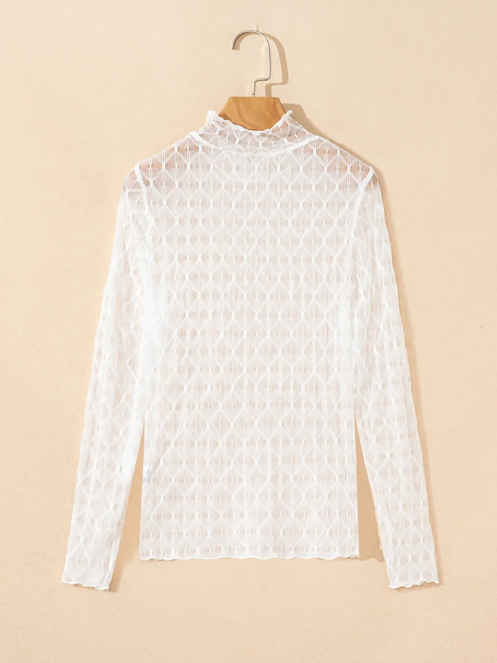 Sheer Mesh Patterned Lettuce Trim Slim Long Sleeve Top