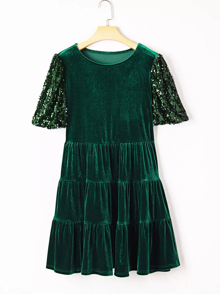 Sequin Puff Sleeve High Waist Tiered Velvet Mini Dress