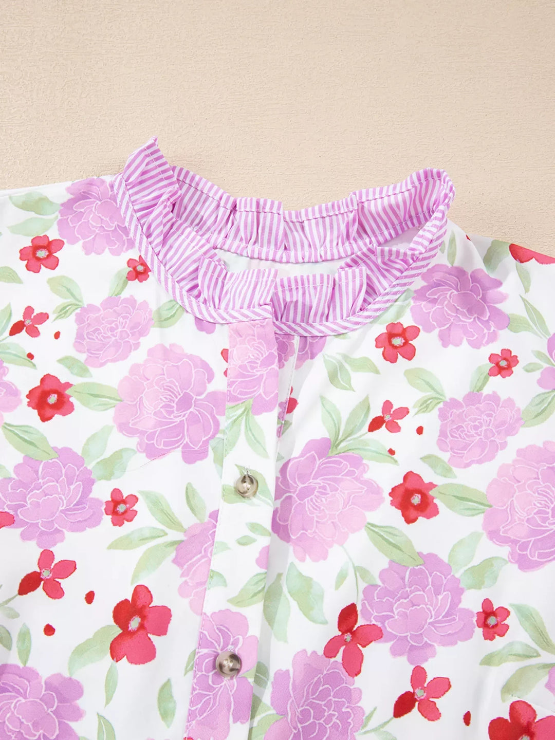 Floral Print Striped Trim Frilled Neck 3/4 Sleeve Flared Mini Dress