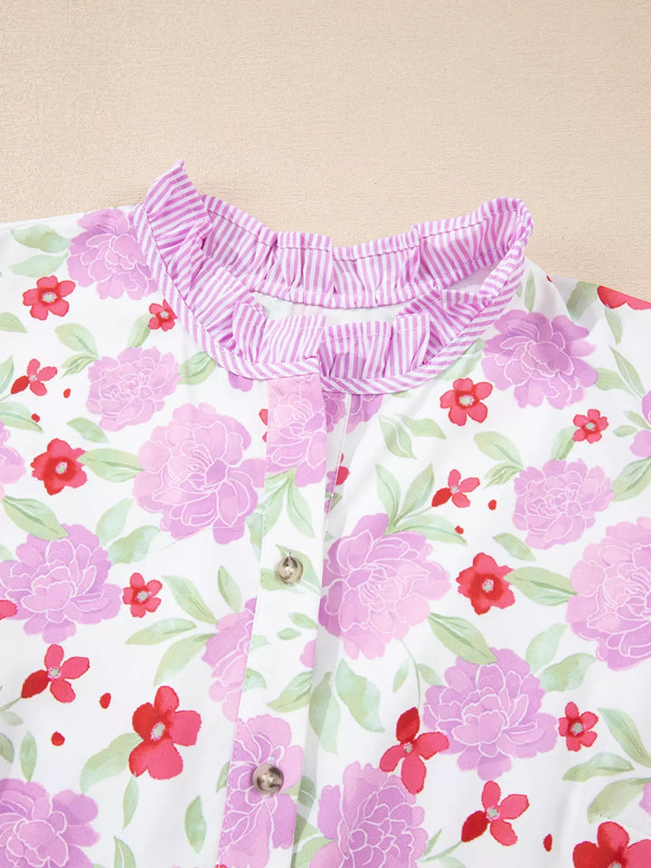 Floral Print Striped Trim Frilled Neck 3/4 Sleeve Flared Mini Dress