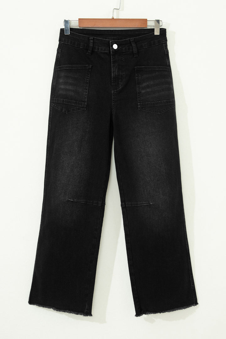 Black Frayed Cropped Straight Jeans