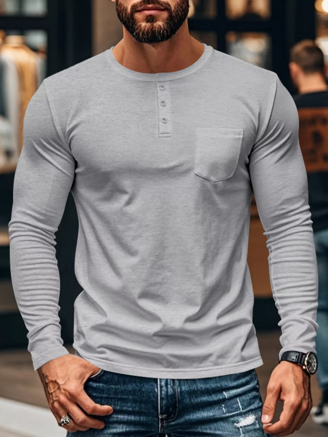 Men's Plus Size Casual Long Sleeve Henley T-Shirt with Pocket