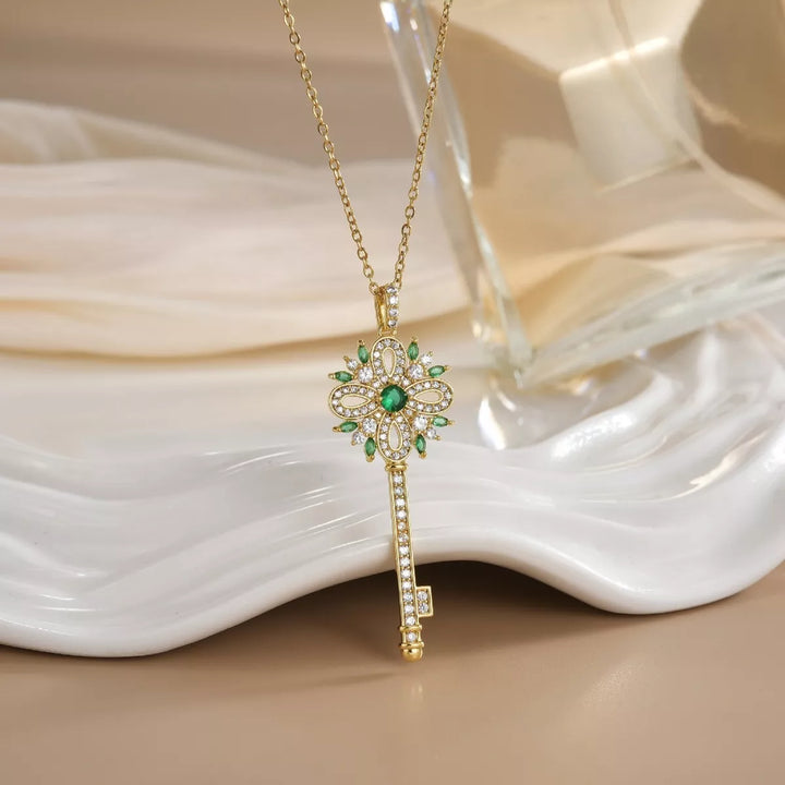 18K Gold-Plated Zircon Key Pendant Necklace