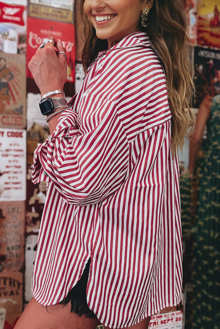 Red Stripe Patched Pocket Side Slit Loose Shirt