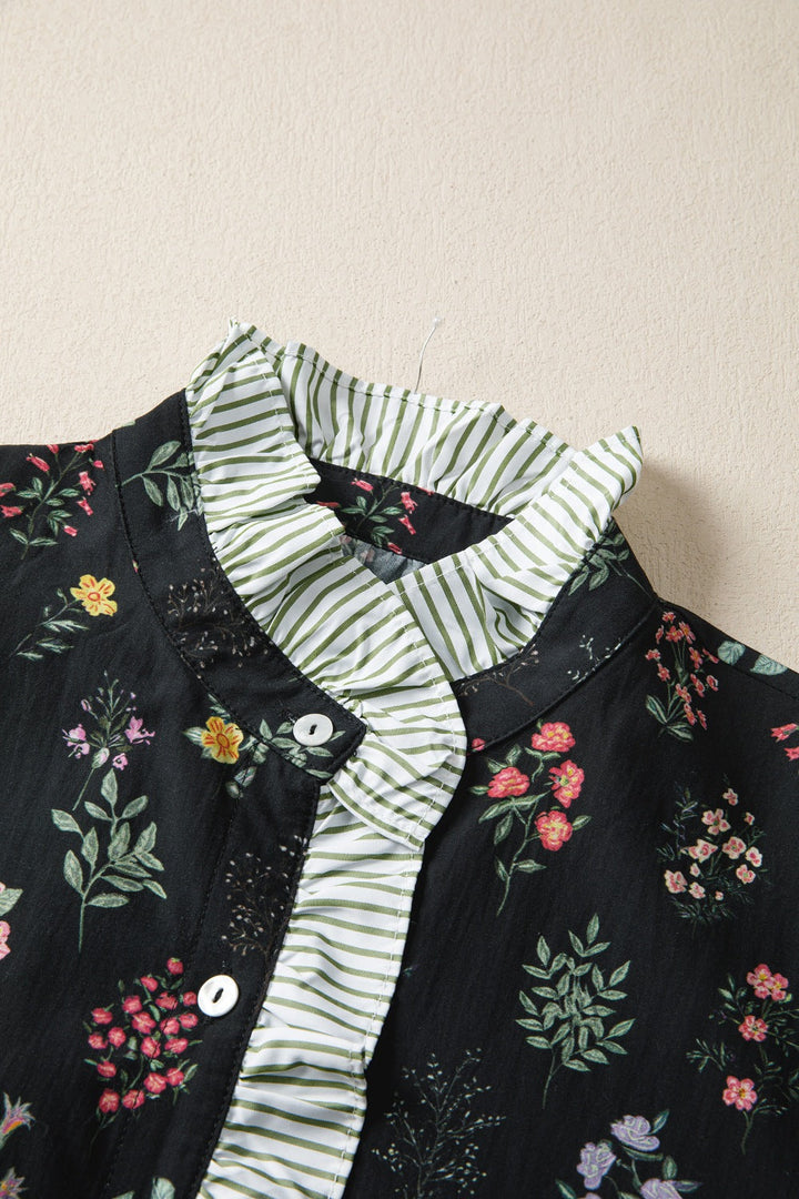Contrast Frilled Trim Short Sleeve Floral Shirt