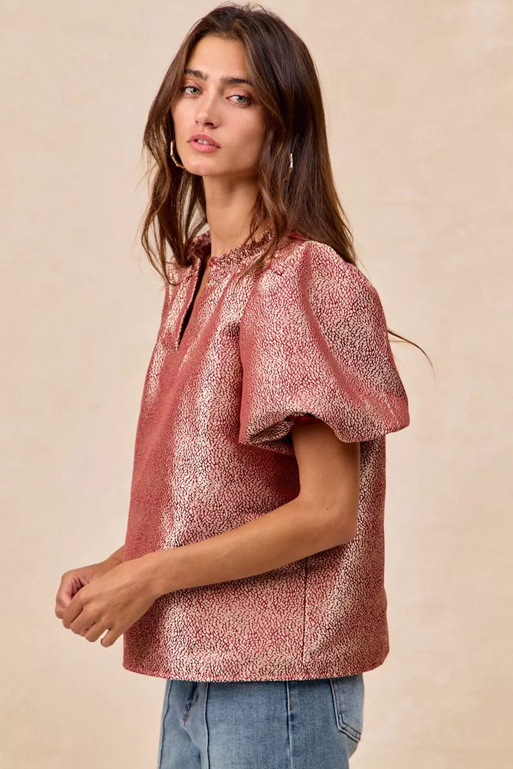 BiBi Jacquard Woven Short Balloon Sleeves V Neck Top