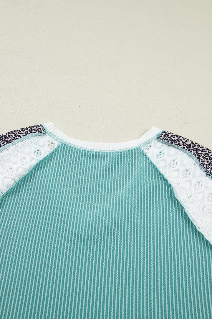 Green Bay Color Block Lace Leopard Patchwork Twisted Ribbed Tee