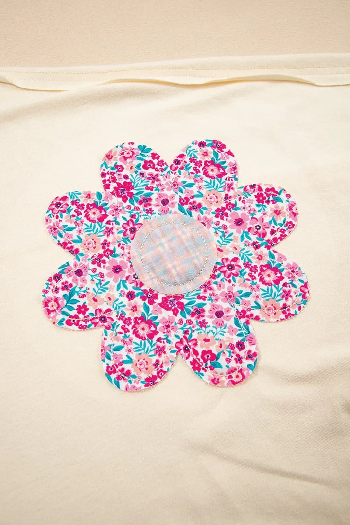 Flower Patched Exposed Stitching Trim Crew Neck Loose Tee