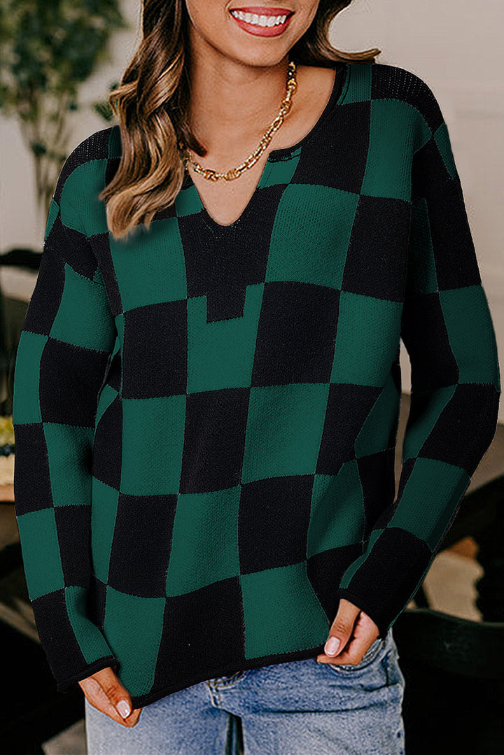 Green Checked Notched Neckline Drop Shoulder Knit Sweater
