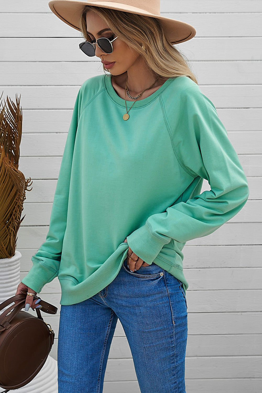 Sweat-shirt vert en coton mélangé French Terry