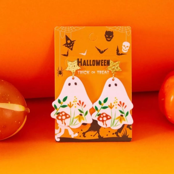 Whimsical Ghost Earrings with Floral Design