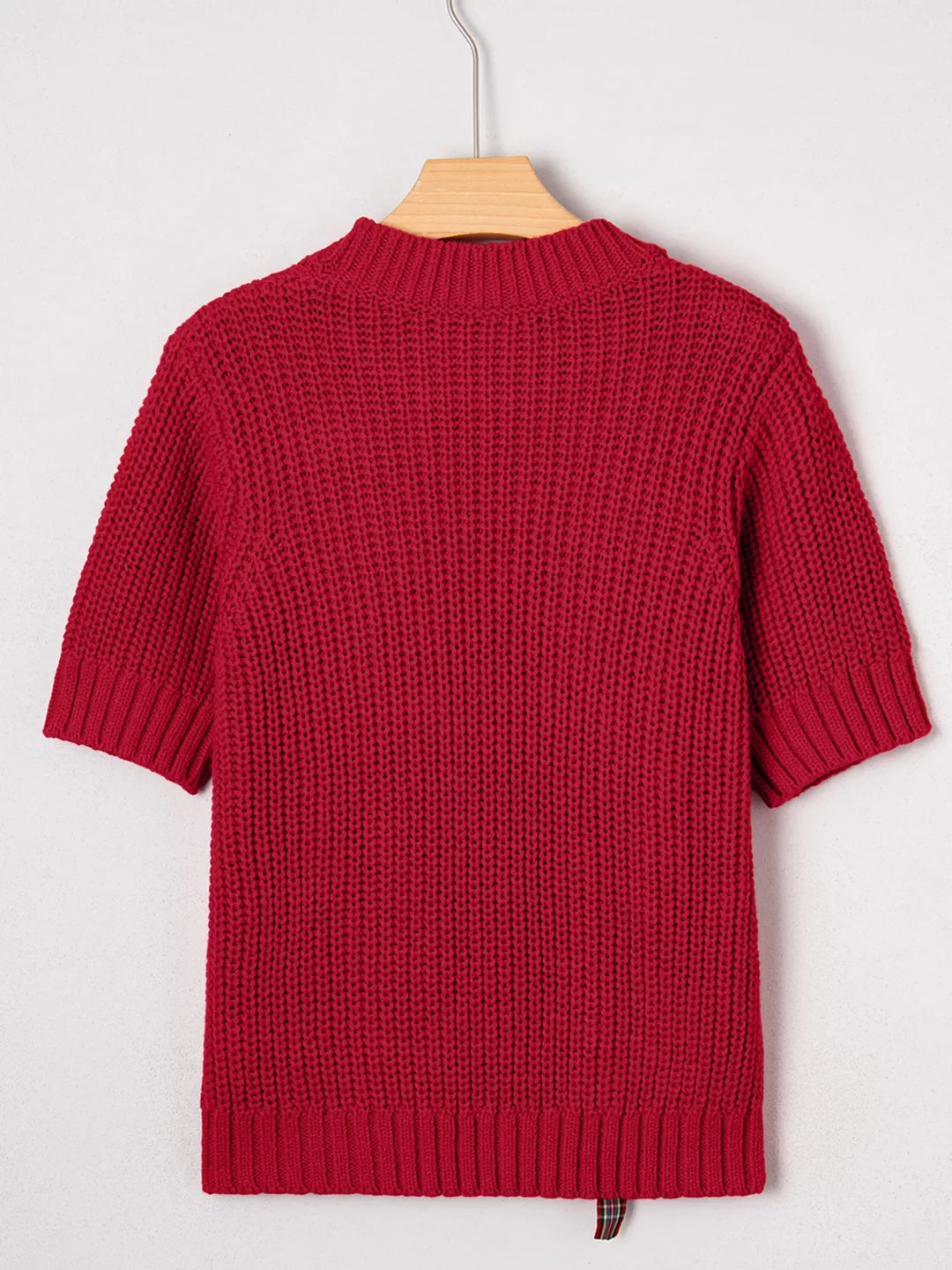 Plaid Lace Up Detail Christmas Holiday Puff Short Sleeve Sweater