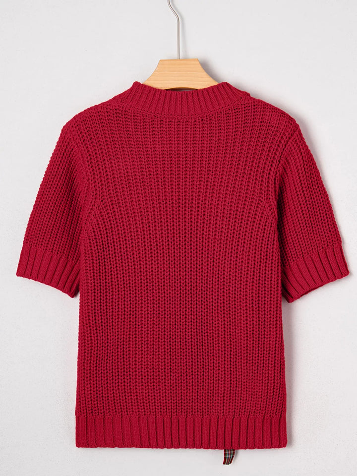 Plaid Lace Up Detail Christmas Holiday Puff Short Sleeve Sweater