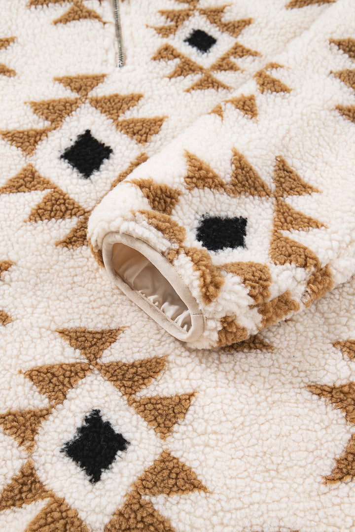 Khaki Aztec Print Sherpa Quarter Zip Collar Sweatshirt