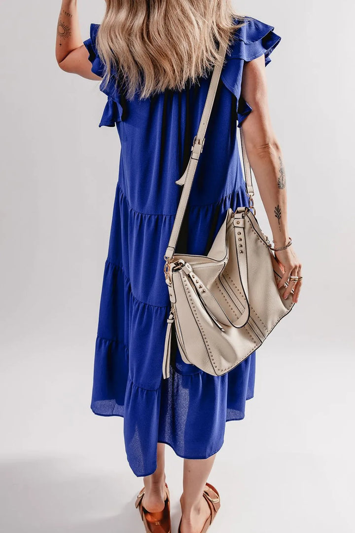 Ruffled Short Sleeve Collared V Neck Tiered Midi Dress