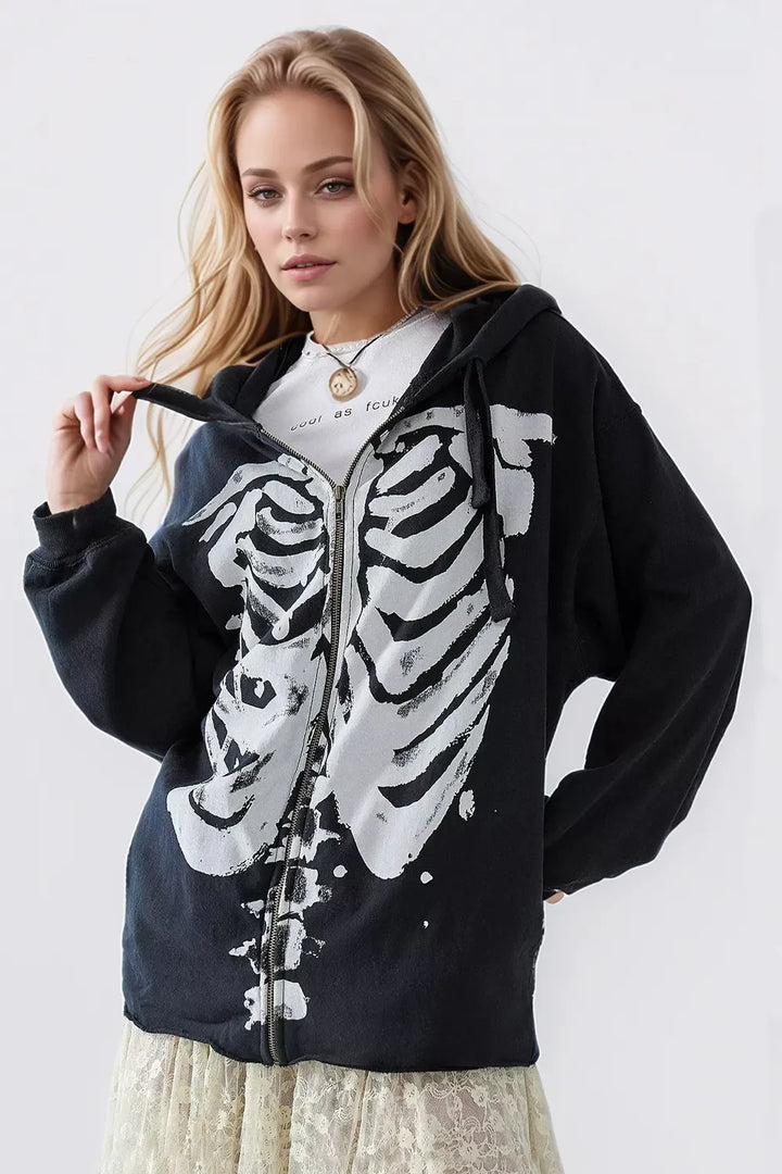 Skeleton Zip Up Drawstring Hoodie
