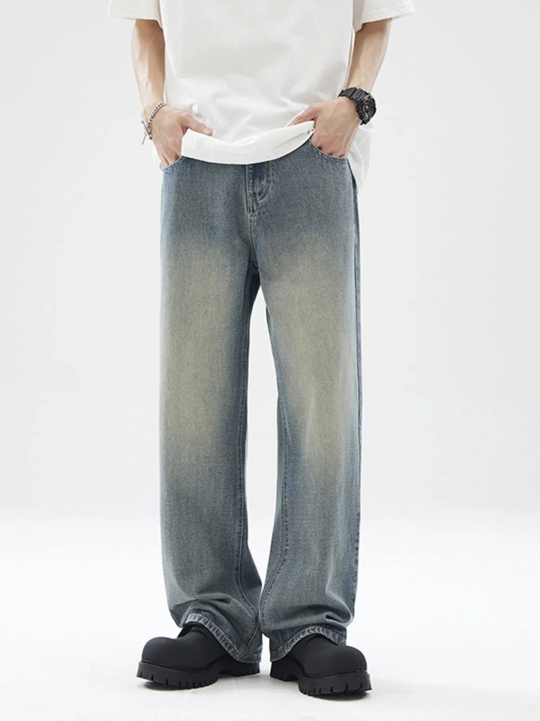 Men's Full Size Vintage Wash Wide Leg Jeans Plus Size