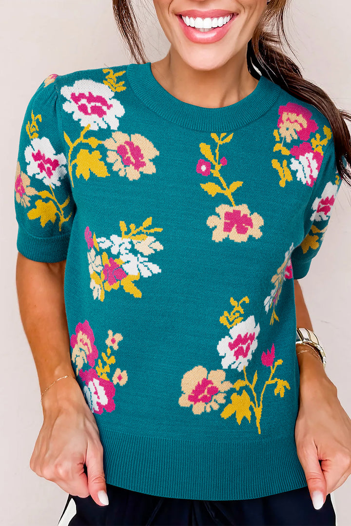 Blue Flower Pattern Mock Neck Short Sleeve Knitted T Shirt