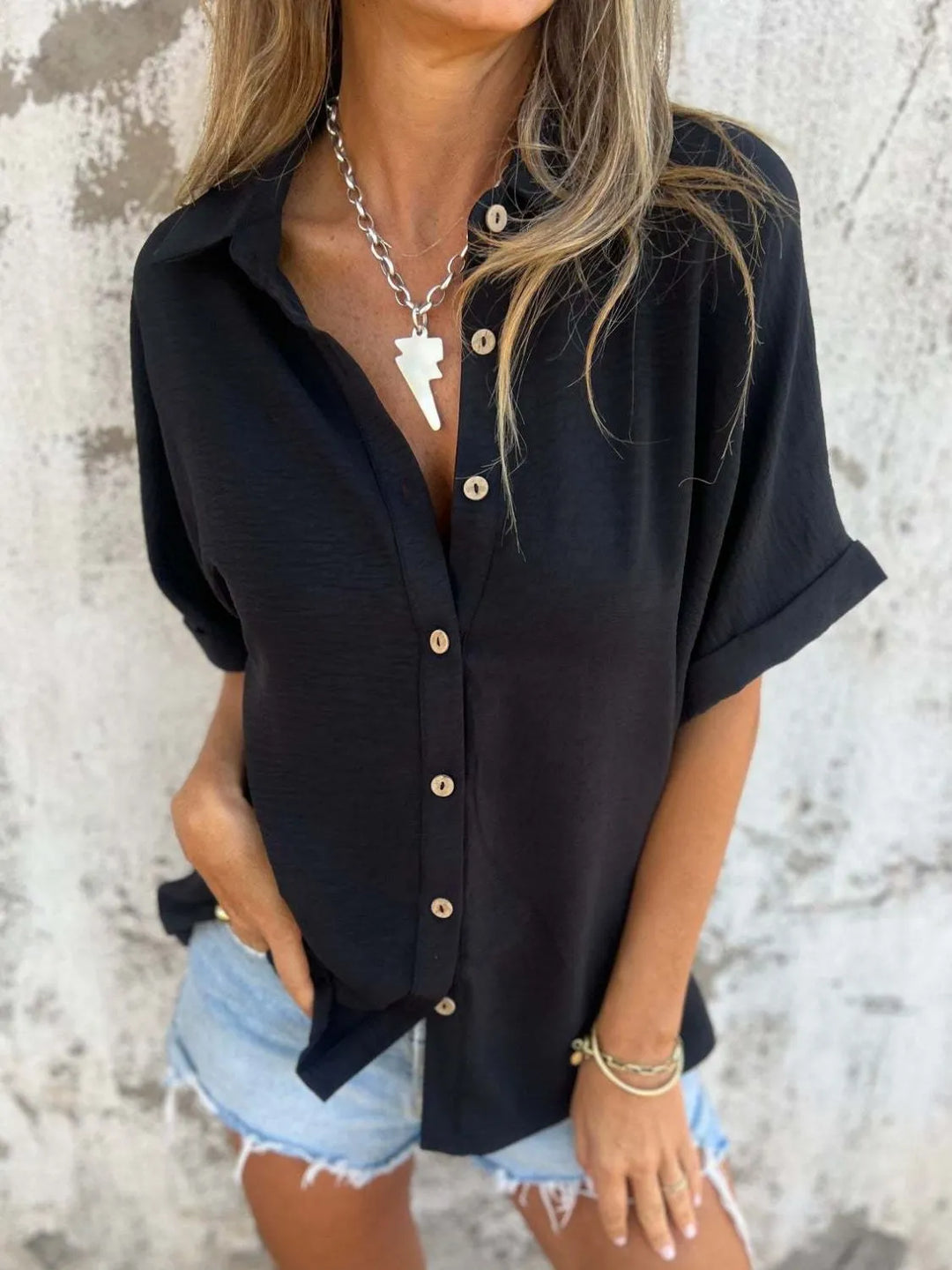 Full Size Collared Neck Half Sleeve Shirt Plus Size