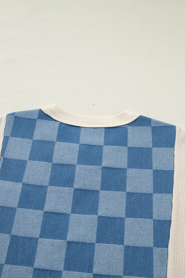 Checkered Denim Patchwork Short Sleeve Loose Top