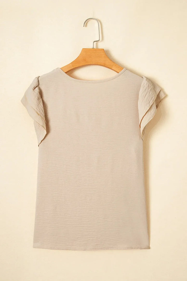 Solid Color Ruffled Short Sleeve Casual Blouse