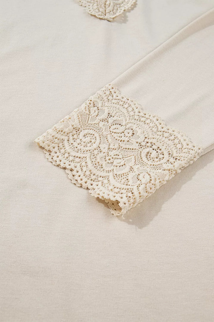 Lace Trim V Neck Long Sleeve Patchwork Pullover Top