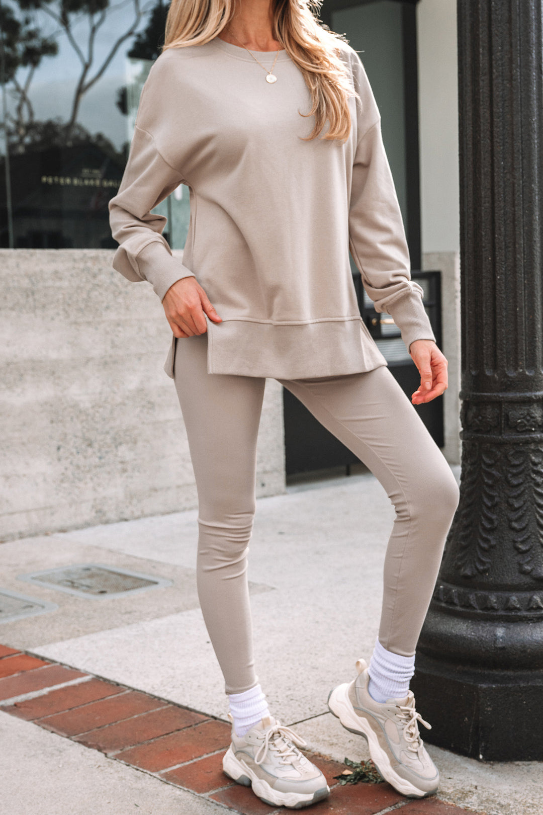 Jet Stream Solid Color Oversize Slit Sweatshirt Ribbed Leggings 2pcs Set
