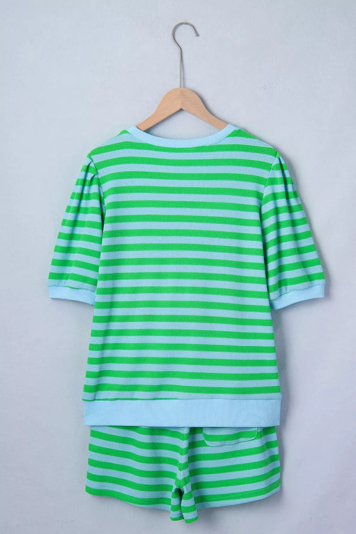 Stripe Colorblock Detail Puff Sleeve Top Drawstring Shorts 2pcs Outfit