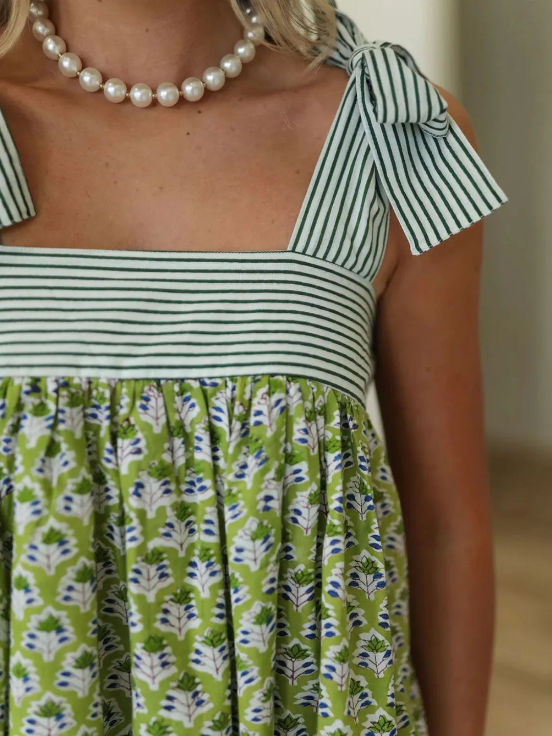 Printed Square Neck Tie Shoulder Mini Dress