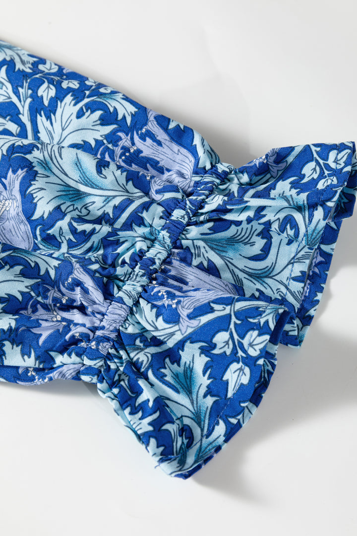 Sky Blue Floral Printed Frilled V Neck Bracelet Sleeve Long Dress
