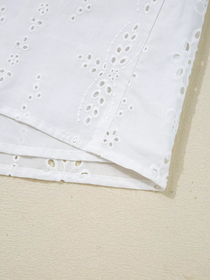 Eyelet Embroidered Smocked Cuff Sheer Blouse