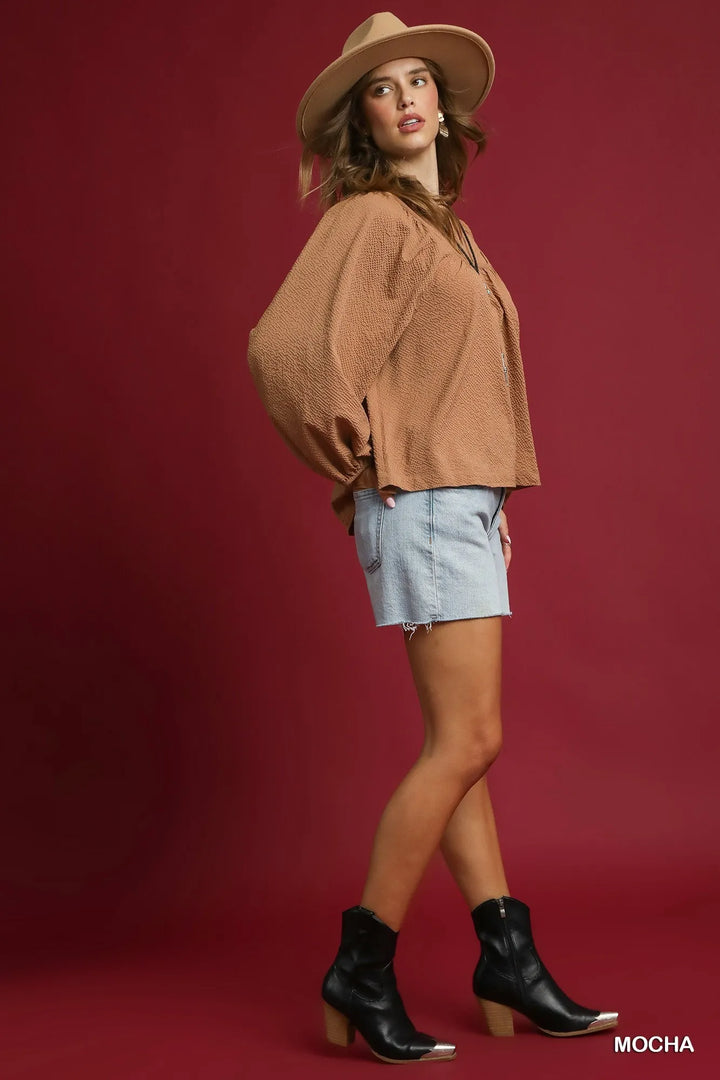 Umgee Textured Notched Blouse with Balloon Sleeves