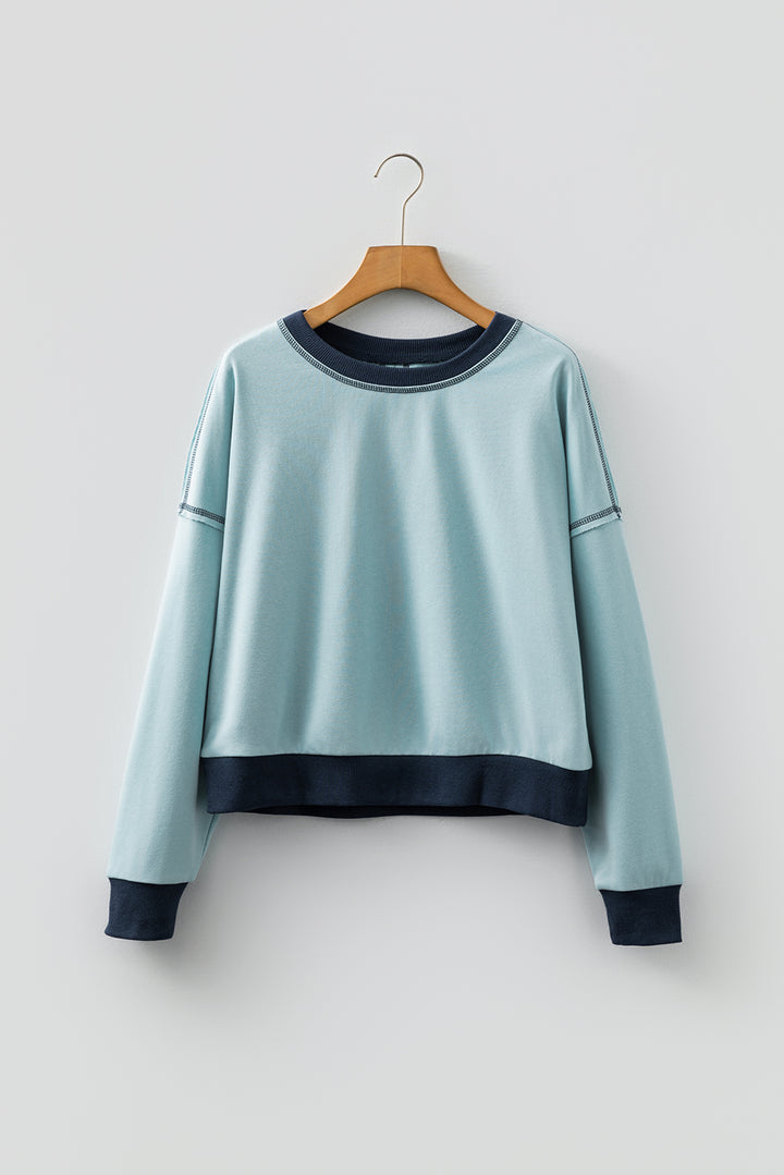 Iceland Blue Contrast Edge Colorblock Patchwork Crop Sweatshirt