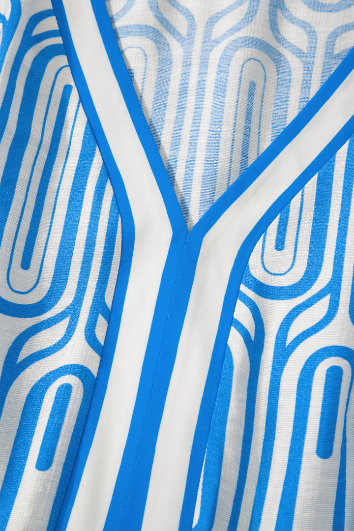 Sky Blue Plus Size Geometric Print Contrast Trim V Neck Bracelet Sleeve Long Dress