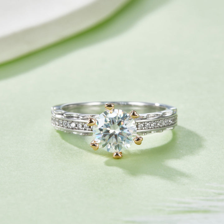 S925 Sterling Silver 1ct Moissanite Ring, 6.5mm Round Cut With Gold Heart Prongs, Pave Band, US Sizes 5-9, GRA Certificate Gift Box