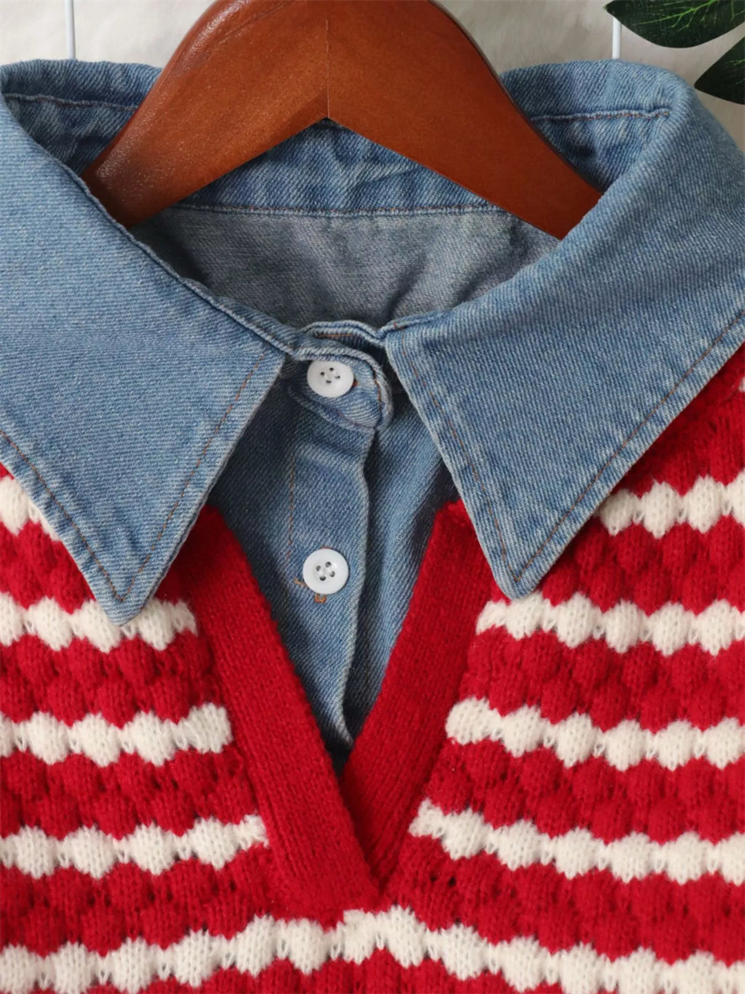 Contrast Striped Sweater with Denim Collar